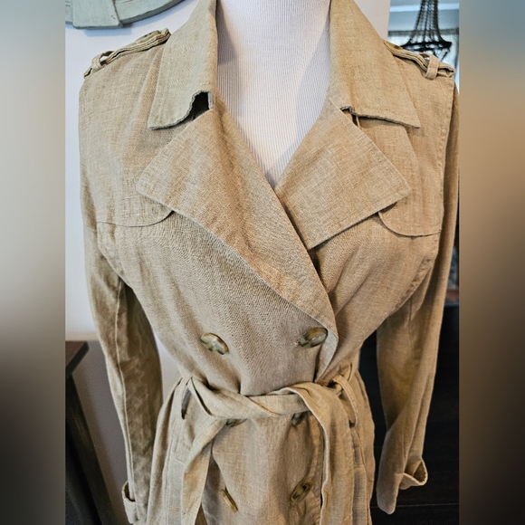 Old Navy Vintage Y2K •Size Small• Belted Linen Blend Pea Coat Tan - Picture 2 of 8